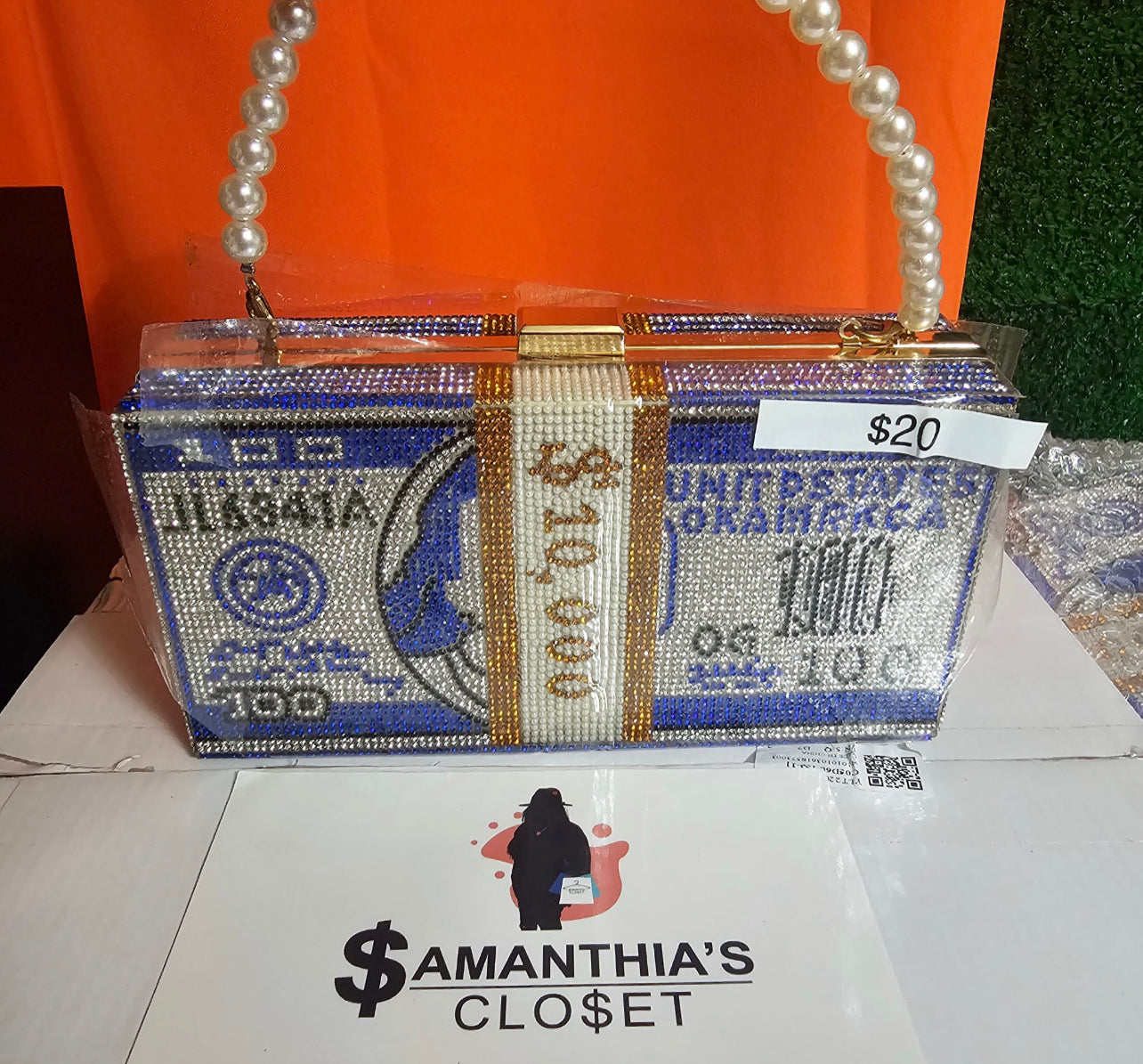 Rhinestone10K 100 Bill Dollar Stack Clutch Handbag