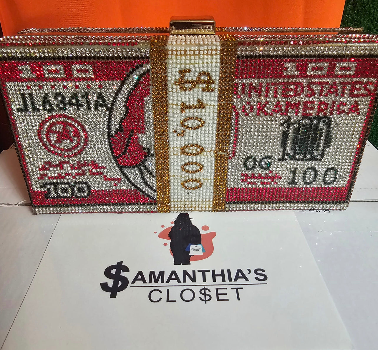 Rhinestone10K 100 Bill Dollar Stack Clutch Handbag