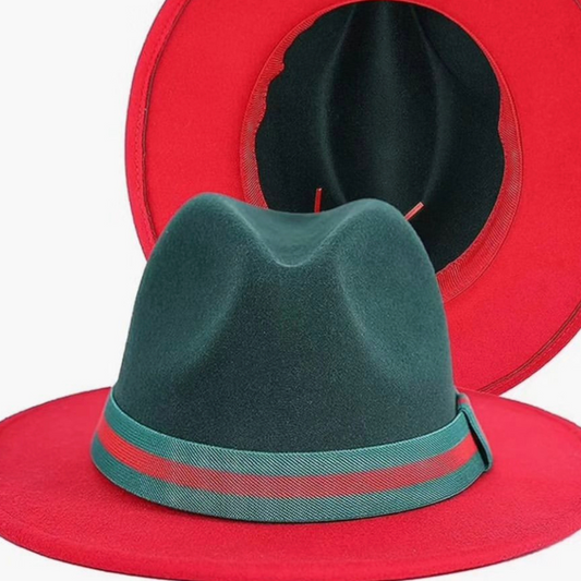 Fedora Hat Red With Green / Red Striped Band