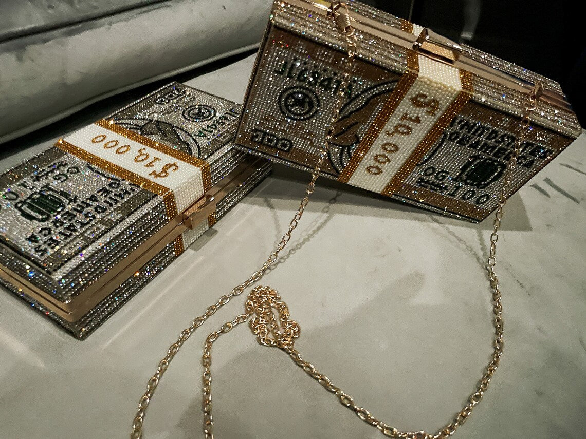 Rhinestone10K 100 Bill Dollar Stack Clutch Handbag