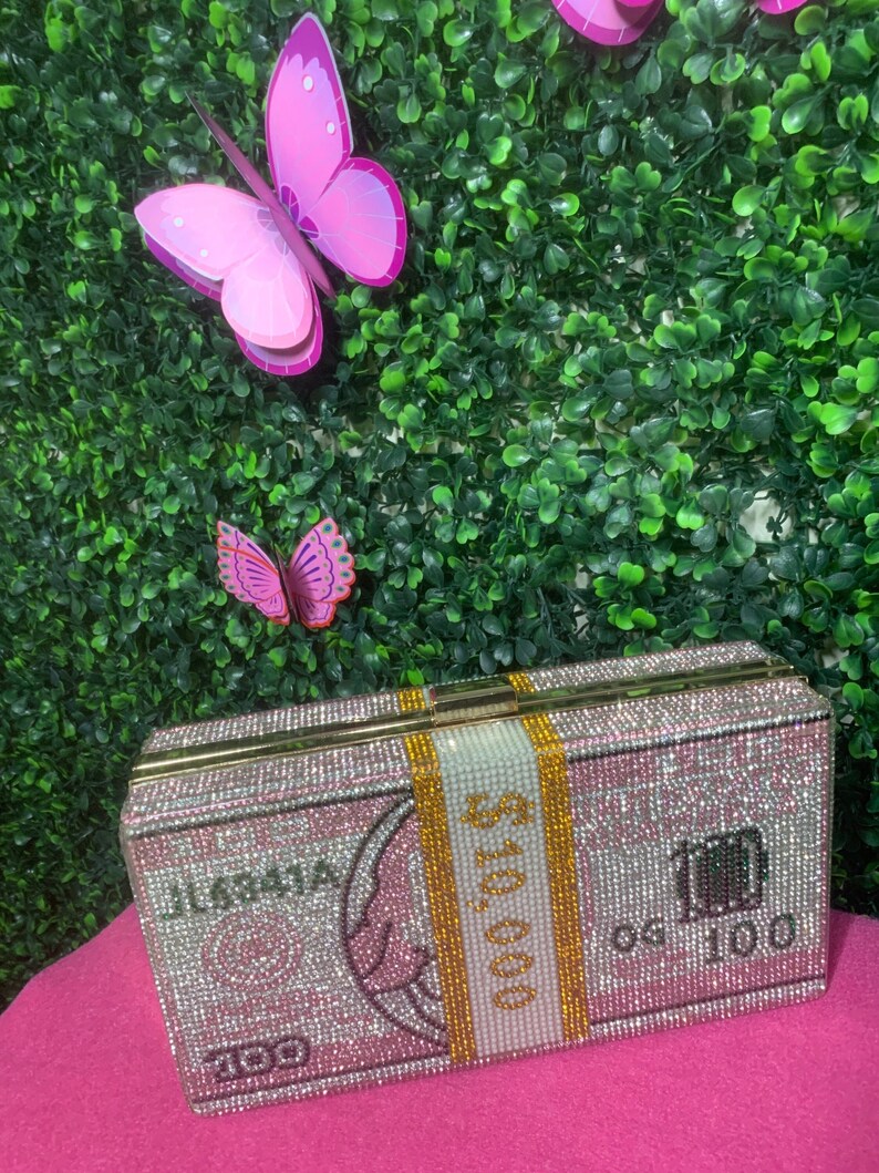 Rhinestone10K 100 Bill Dollar Stack Clutch Handbag